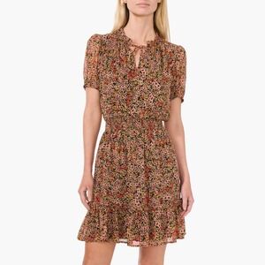 CeCe Floral Ruffle Mini Dress L NWT Smocked Waist Tie Neck Short Sleeve Party